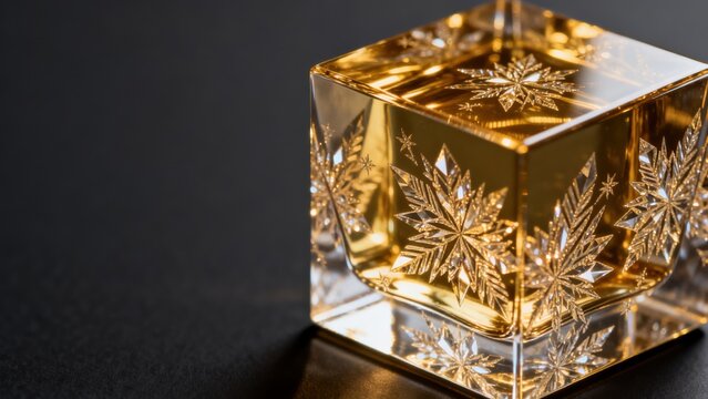 Golden crystal cube with snowflake patterns