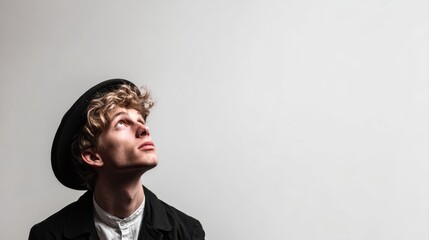 Fototapeta premium Banner. artistic young man, singer performing against white studio background with negative space to insert text. Concept of music, festivals, contemporary art, hobby, creativity. Ad