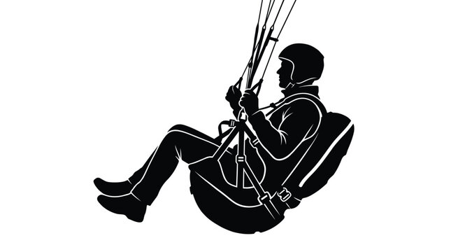 Black and white vector silhouette of a paraglider pilot wearing a helmet while flying high in the sky during a fun outdoor extreme sport adventure