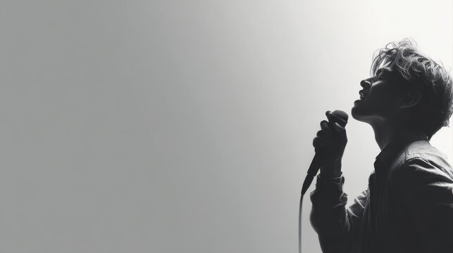 Banner. artistic young man, singer performing against white studio background with negative space to insert text. Concept of music, festivals, contemporary art, hobby, creativity. Ad