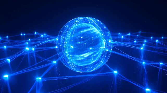 Digital circle spiral network sphere glowing blue abstract technology connection data virtual futuristic energy light pattern with glowing blue line and connected line dark background, SEO friendly