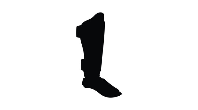 Detailed black silhouette of a protective soccer shin guard with ankle support isolated on a plain white background for sports equipment design and fitness training projects.