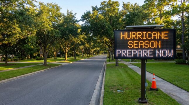 Hurricane season prepare now road sign in a suburban neighborhood street