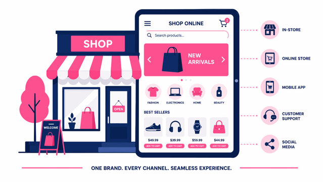 Modern omnichannel retail business concept featuring a physical store facade alongside a digital tablet interface for seamless cross-platform shopping