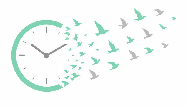 Minimalist teal clock face dissolving into a flock of birds flying away as a metaphor for the fast passing of time