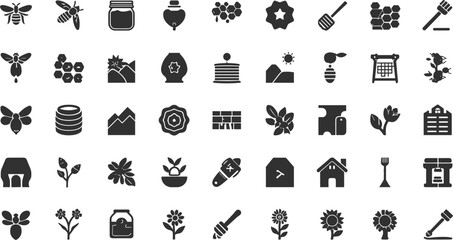 Beekeeping and Honey Black Silhouette Glyph Icon Set Featuring Bees Hives Jars Flowers and Apiary Equipment for Organic Food Branding Designs © rumi