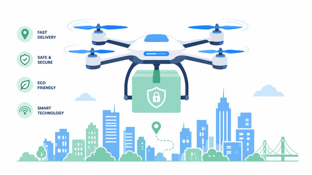 Drone delivery service carrying secure package over urban city skyline for smart logistics and fast shipping