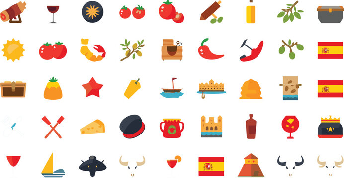 Spain Travel Food and Culture Flat Icon Mega Set Featuring Spanish Flags Tapas Wine Bull Architecture Olives and Traditional Mediterranean Symbols