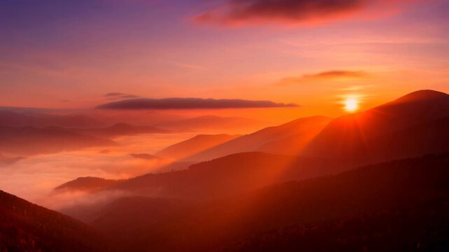 Breathtaking sunrise over misty mountains with soft purple and orange hues nature landscape