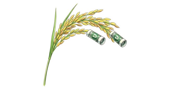 Rice plant with rolled money illustrating agricultural economy growth.