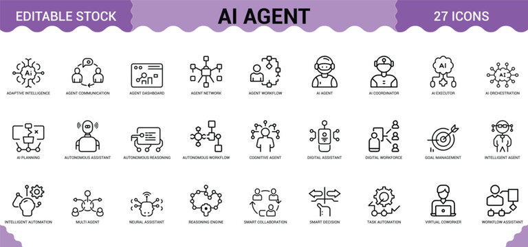 Artificial intelligence agent icon set showing digital assistant technology and automation processes.