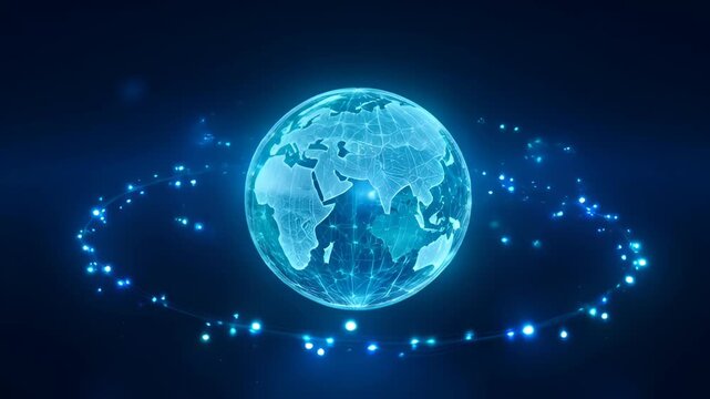 Digital Globe Spiral Circle Glowing Network World Map Blue Background Futuristic Connected Data Sphere Orbit Abstract Technology Floating Dark Space Luminous SEO Title
