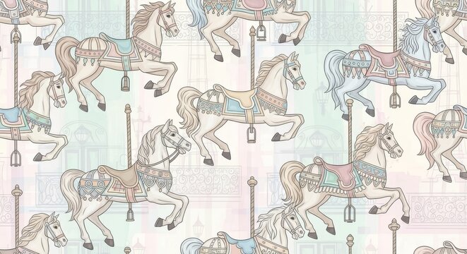 Vintage carousel horse pattern with faded grid background carousel fairground carnival illustration seamless amusement children wallpaper decorative repeating backdrop background abstract