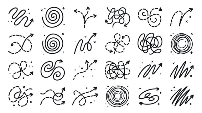 Hand drawn doodle arrow set with tangled paths and swirl symbols