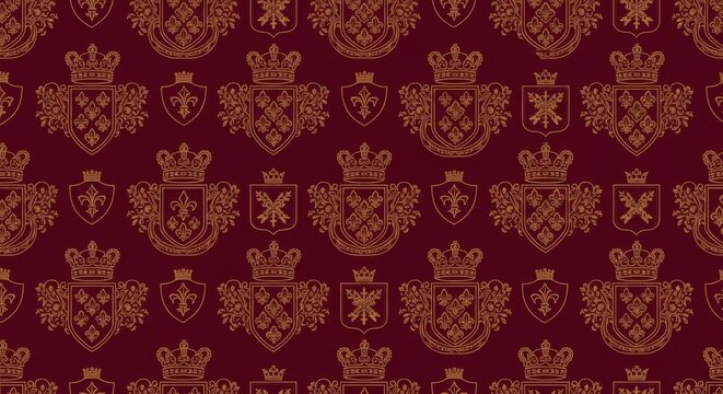 Luxury gold royal heraldic crest pattern on dark burgundy background with heraldic burgundy seamless background decorative heritage wallpaper ornament sophisticated traditional majestic
