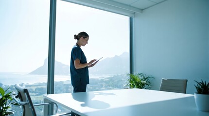 Fototapeta premium Young businesswoman standing by window and using digital tablet in modern office.