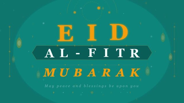 Eid al-Fitr Mubarak Greeting Graphic on Teal Background