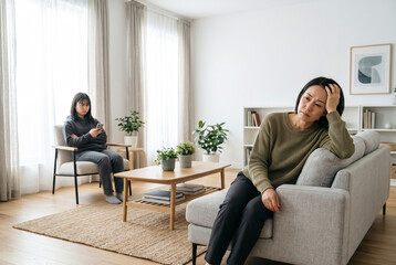 Fototapeta premium スマホを見る反抗期の娘と悩む母親の親子関係 Generative AI