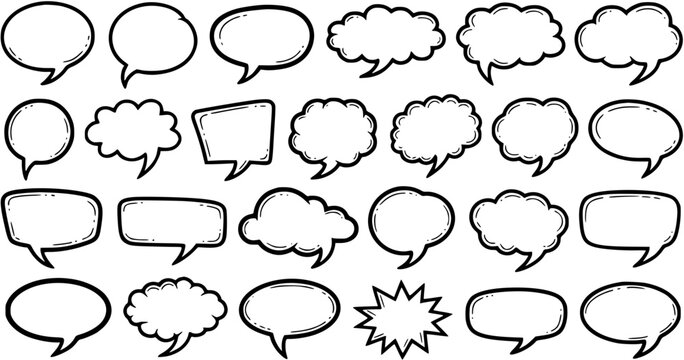 Set of Hand-drawn Black and White Speech Bubbles, Thought Bubbles, and Cloud Shapes