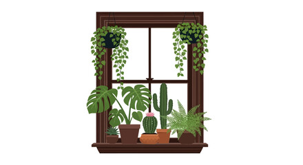 Illustration of various houseplants and cacti on a wooden window sill © zahra arzety