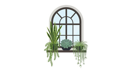 Fototapeta premium Illustration of green houseplants on an arched window ledge