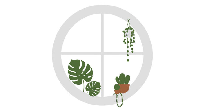 Minimalist Vector Illustration of Houseplants in a Round Window