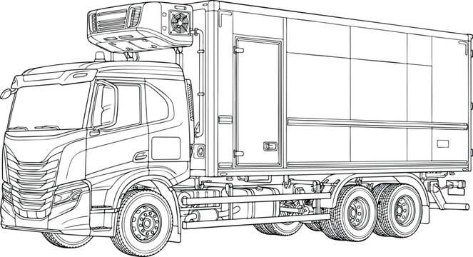 Refrigerated Delivery Truck Line Art Illustration, Heavy Duty Transport Vehicle Outline for Coloring Pages and Commercial Logistics Design