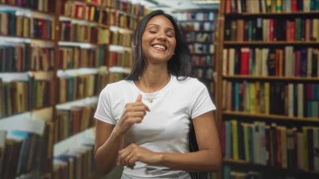 Woman pointing finger and smiling wearing white tshirt and necklace among bookshelves in a library building; joyful curiosity.
