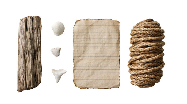Assorted wrapped materials and paper textures on transparent