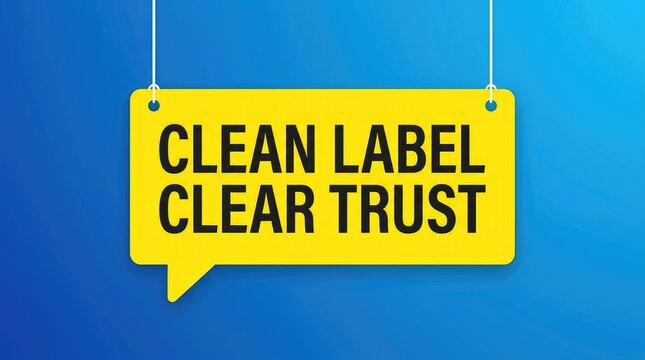 Bright yellow rectangular hanging sign displaying the bold black text clean label clear trust against a vibrant blue background wall