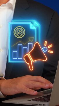PR Metrics icon, Public Relations concept for construction, Investment, business development and Engineering. Businessman shows Megaphone icon with data documents sign on virtual screen.