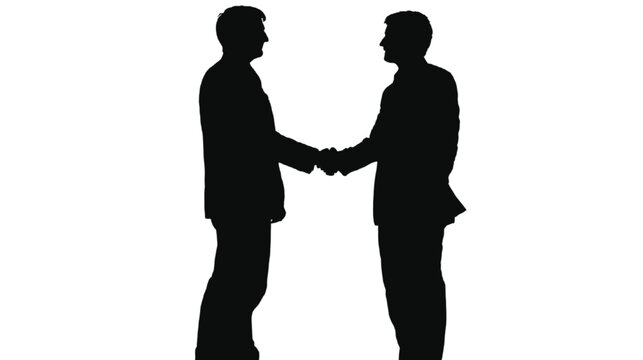 Businessmen engaged in a firm handshake stand as solid black silhouettes, representing a traditional corporate alliance and the formal conclusion of a high-stakes agreement in a business setting.