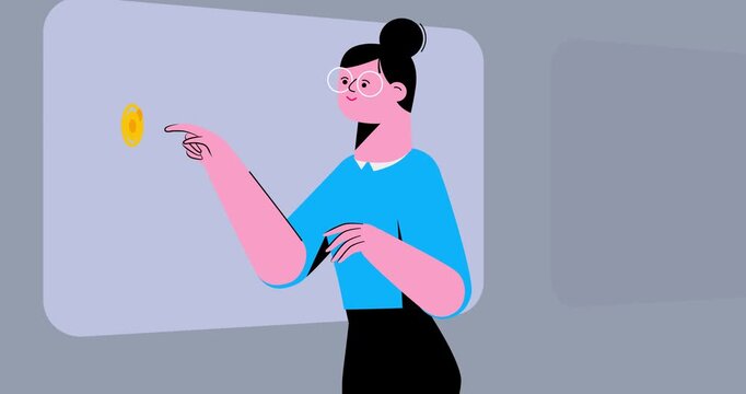Woman with black hair clicking color linear graph isolated. Cartoon animation of happy flat design explainer video businesswoman with glasses character female smiling finger palm press in space.
