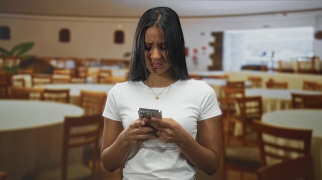 Woman holding smartphone, frowning while scrolling with both hands in a building dining hall; frustration tech trouble.