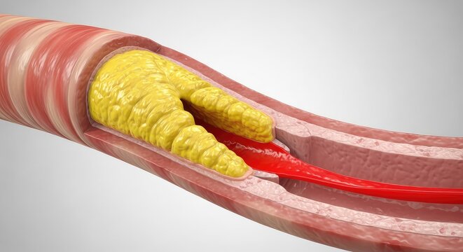 A detailed medical rendering showing a cross section of a peripheral artery with yellow plaque buildup and narrowed blood flow in the limb, medicine, internal, clot