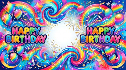 Obraz premium Rainbow backdrop with balloons and confetti celebrating joyous birthdays.