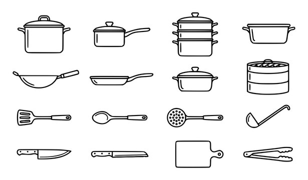 Minimal kitchenware vector set with steamer pots and cookware outline icons