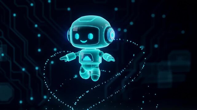 Friendly futuristic robot hologram emerging from smartphone with digital technology and innovation concept