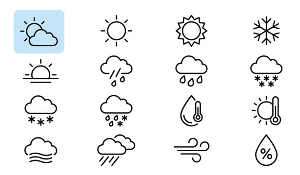 Weather forecast outline icons set with partly cloudy sun highlighted on blue background flat vector thin line illustration