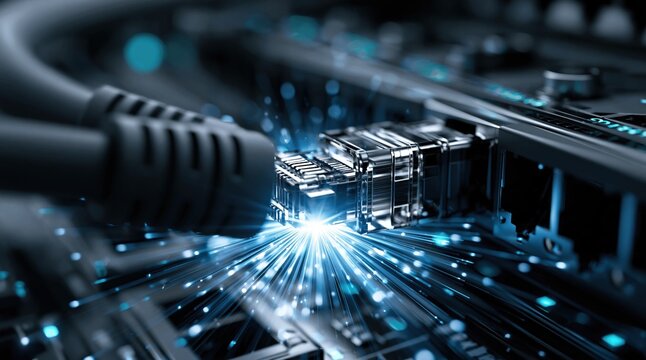 Close-up of robotic computer assembly with laser light circuits