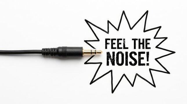 Black audio cable jack plug pointing towards a hand drawn speech bubble with the bold text feel the noise written