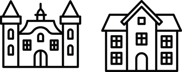 Fototapeta premium Simple line art vector illustrations of a medieval castle with twin towers and a classic multi story school building