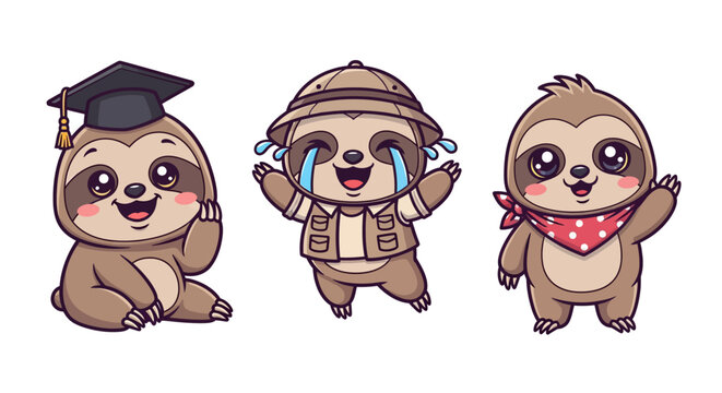 Cute Sloth Characters in Different Outfits and Expressions.