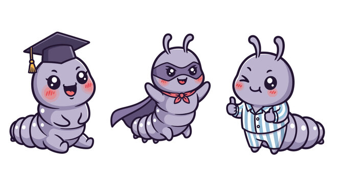 Cartoon caterpillars in different professions and outfits.