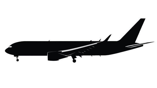 Airplane silhouette depicts a wide-body jet liner in a side profile, highlighting the intricate wing geometry and engine placement with a high-contrast black ink effect on a pristine white surface.