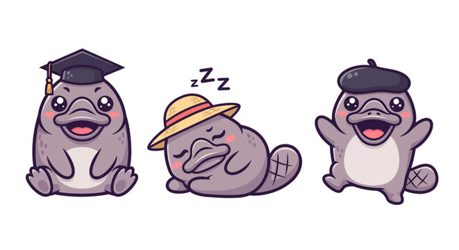 Cute pug characters in different hats and poses.