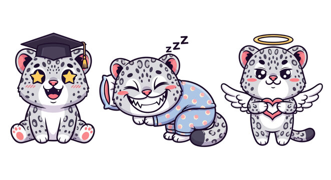 Cute Snow Leopard Characters in Different Costumes.