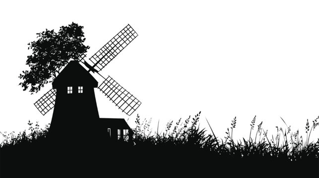 Windmill stands as a dark silhouette against a stark white background with textured grassy foreground elements, creating a rustic and nostalgic rural atmosphere that offers plenty of empty copy space.