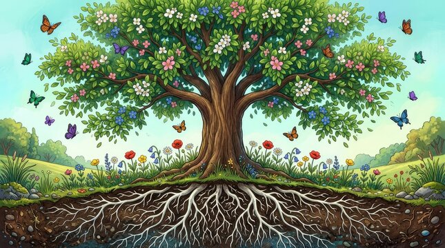 Magnificent ancient oak tree featuring blooming colorful flowers and vibrant butterflies with visible intricate roots buried deep underground in spring