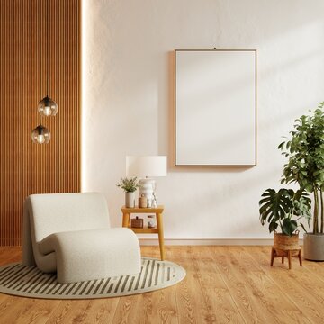 Blank vertical poster frame mockup on white wall in modern minimalist living room with elegant armchair and decorative plants- 3D rendering